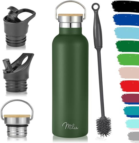 Milu Edelstahl Trinkflasche 350ml 500ml 750ml 1000ml (+3 Deckel) Thermosflasche mit Strohhalm, Isolierte Wasserflasche, Auslaufsichere Isolierflasche doppelwandig (Olivgrün, 750ml)