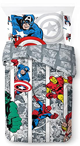 Marvel Avengers Superheroes Comics Juego de Ropa de Cama infantil 3 Piezas 100% Algodón Cama Individual - Incluye Funda Edredon 135x200cm + Sabana Bajera 90x200cm + Funda de Almohada 50x70cm