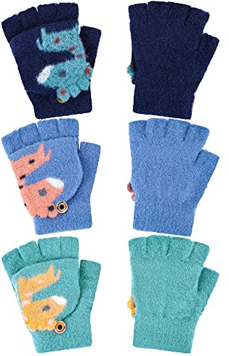 Bencailor 3 Pares Guantes sin Dedos para Niños Convertible de Punto de Invierno de Medio Dedo, 6-10 Años (Azul Marino, Azul, Verde)