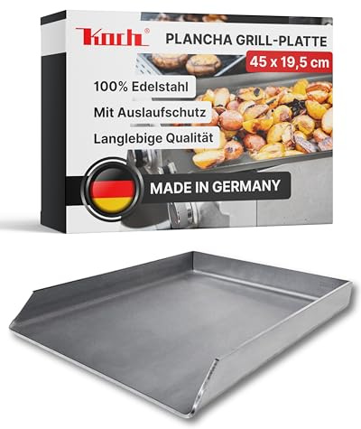 Koch Universal Grillplatte aus 100% Edelstahl - 45 x 19,5 x 4cm - Plancha für alle Grillarten - Gleichmäßige Hitzeverteilung & auslaufsichere Ecke - Rostfrei & bis zu 500°C hitzebeständig #84