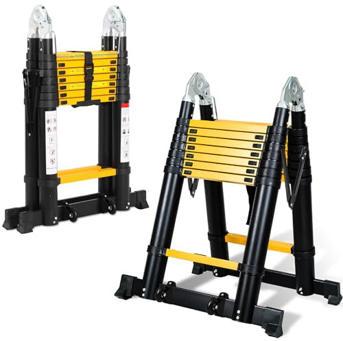 Tubiaz Scala Telescopica Pieghevole in Alluminio, 5 m (2,5 + 2,5 m) Scala Multiuso Con 2 Ruote, scala di estensione portatile multiuso, portata fino a 150 kg, giallo nero