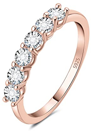 JewelryPalace Modeschmuck Klassisch 6 Stein 1.5mm 0.6ct Moissanite Band Ring Damen, Hochzeitsringe Silber 925 Trauringe Eheringe Frauen, Vorsteckring Halb Eternity Ring Bandring Schmal Rosegold 59
