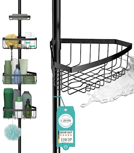 Teleskop Duschregal schwarz mit 3 Fach Anti-Rost Schutz (Version 2.0) - Stabiles & flexibles 105-270cm Duschregal Teleskop ohne Bohren - Teleskopregal Bad 4 Körbe - Klemmregal Dusche und Badewanne