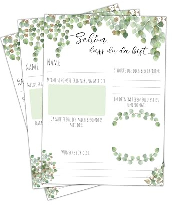 LittleVeeDesign 25 Gästebuchkarten mit Eukalyptus - Schön, DASS du da bist – perfekt zur Taufe/Kommunion oder Konfirmation als Alternative zum klassischen Gästebuch - in DIN A5