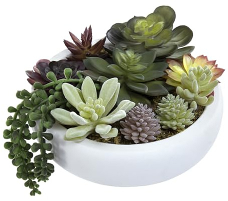 MyGift 8 Inch Round Modern Artificial Succulent Arrangement Potted in White Concrete Plant Bowl, Assorted Faux Mini Succulents in a Decorative Planter Pot