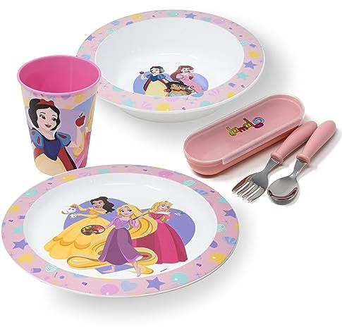 damaloo Coffret Repas pour Enfants Princesses - Bol, Tasse, Couverts, Assiette enfants, Service de Vaisselle Enfants pour Petit Déjeuner, Déjeuner et Dîner, Réutilisable et Sans BPA