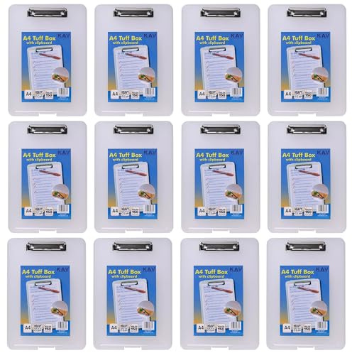 KAV A4 Clear Strong Plastic Clipboard with Storage Box – Weatherproof Tuff Box File – Durable Organizer for Stationery, Tools & Equipment – Translucent Polypropylene Box with Metal Clip – Pack of 12