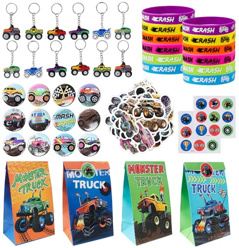 98 Stück Monster Truck Party Mitgebsel, Inklusive Mons-ter T-ruck Geschenktüten Silikon-Armband Abzeichen Schlüsselanhänger Aufkleber für monster truck geburtstag, M-onster Truck deko geburtstag