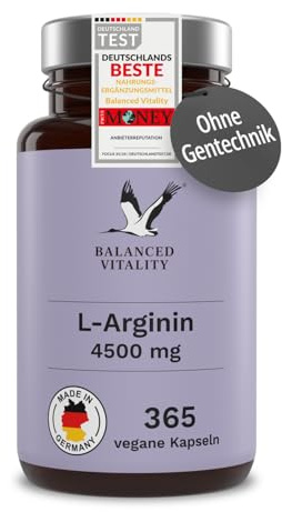 L-Arginina - 365 cápsulas vegetales - 4500 mg de L-Arginina HCL vegetal por dosis diaria - 2 meses - Sin aditivos - Testado en laboratorio - Made in Germany - Balanced Vitality