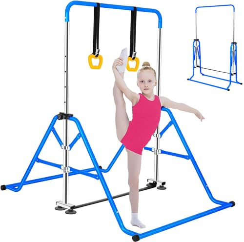 FCOUMY Barra de Gimnasia para Niños, Altura Ajustable y Plegable, Equipo de Gimnasia para el hogar, Altura telescópica Ajustable, Barra Horizontal Plegable con Anillos de Gimnasia para niños