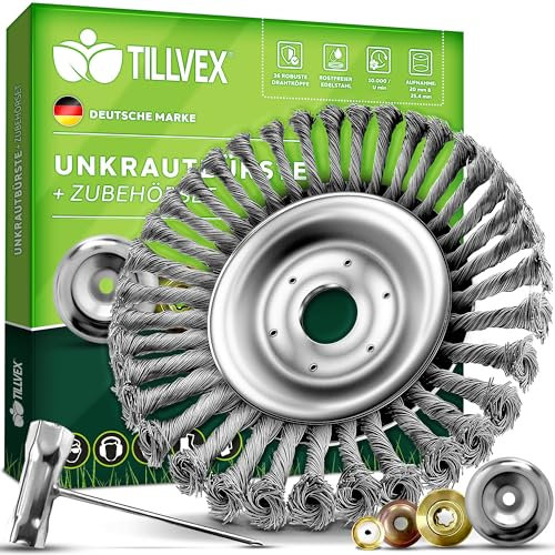 tillvex® Brosse désherbante professionnelle pour débroussailleuse, design 2024, avec alésage de 25,4 et 20 mm, brosse métallique pour un désherbage efficace, avec les accessoires de montage.