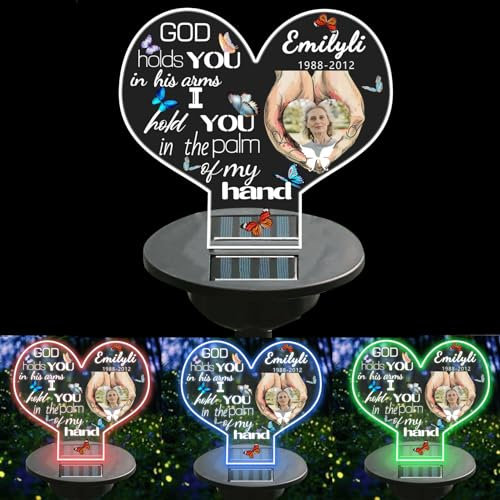 TTFEVVGX Lampes solaires personnalisées en forme de cœur avec piquet commémoratif Dieu tient vous dans ses bras I Hold You in The Palm of My Hand - Décoration d'extérieur pour jardin, cour, tombe pour