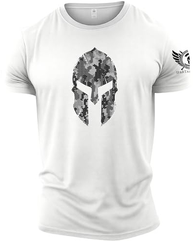 GYMTIER Spartan Forged - Spartan Helmet Hex Camo - Men's Gym T-Shirt Bodybuilding Training Workout Lifting Top Clothing, White, 5XL
