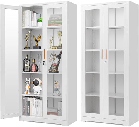Polup Display Cabinet with Glass Doors, 71'' Tall Curio Cabinets with Lock, Metal Glass Display Case for Collectibles, Living Room, School, Commercial, White, Assemble Required