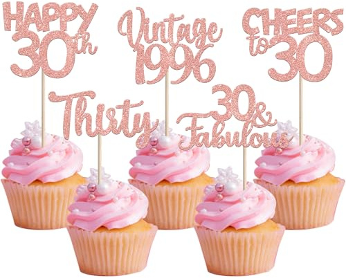 SYKYCTCY 30 Pack Happy 30th Birthday Cupcake Toppers Glitter Thirty Vintage 1996 Cupcake Picks Cheers to 30 Fabulous Cake Decorations for 30th Birthday Wedding Anniversary Party Supplies Rosegold