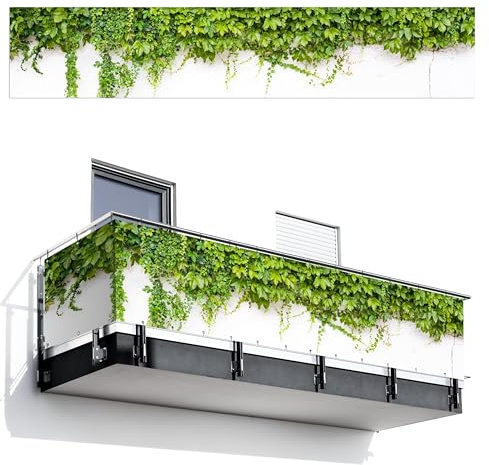 MuchoWow© Balkon Sichtschutz Einseitig 95x500 cm Groß Terrassen Gartenzaun Balkonfächer ohne Bohren Wetterfest für Zaun Terrasse Balkonbespannung Seitenschutz Pflanzen - Weiß - Steinoptik - Grün