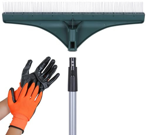 XABBAX Rastrillo de césped artificial con guantes, longitud extra, resistente, cepillo de cerdas de césped Astro, ideal para hojas de césped sintético y depilación de mascotas, resistente a la