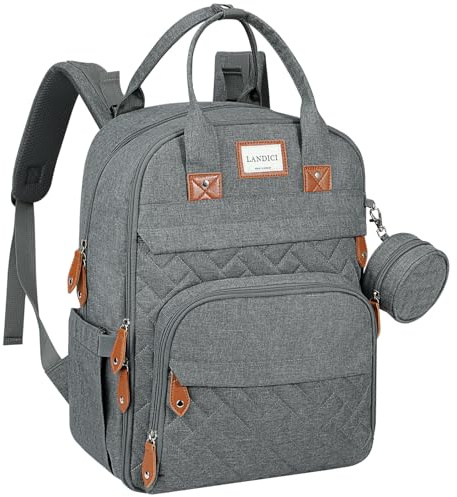 LANDICI Baby Changing Bag Backpack, Large Nappy Changing Backpack Diaper Bags with Changing Mat, Stroller Straps and Pacifier case, Multifunction doll Changing Bag for Mum Dad Boy Girls, Grey