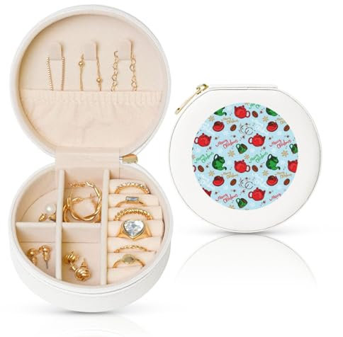 ASEELO Schmuckkästchen aus Leder, rund, 10 cm, Weihnachtsgeschirr, Mini-Schmuckkästchen, Organizer, Schmuckaufbewahrung, Ohrring-Organizer-Box