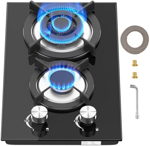 Placa de Gas,Placa de cocción a gas 2 fuegos, autosuficientecon protección térmica automática,Cocina empotrable vidrio,convertible NG/LPG,4300 watt