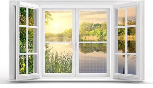Fliegengitter für Fenster mit Magic Tape 90x155cm Weiß Fliegengitter Fenster Zum EinhäNgen Fliegenschutz ohne Bohren für Wohnzimmer Garage Balkontür Terrassentür Wohnwagen