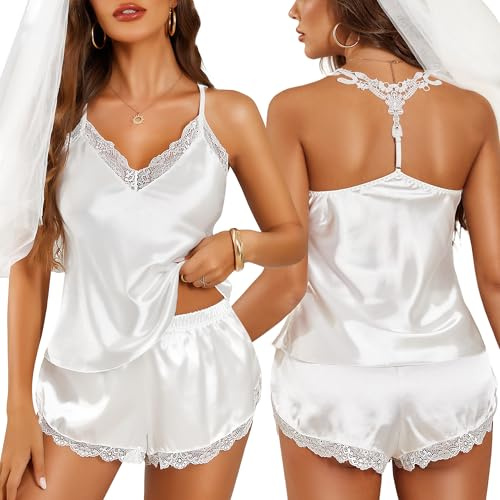 RSLOVE Pijama de satén para mujer - Conjunto de pijama sexy para mujer, ropa de dormir de dos piezas, cuello en V, sin mangas