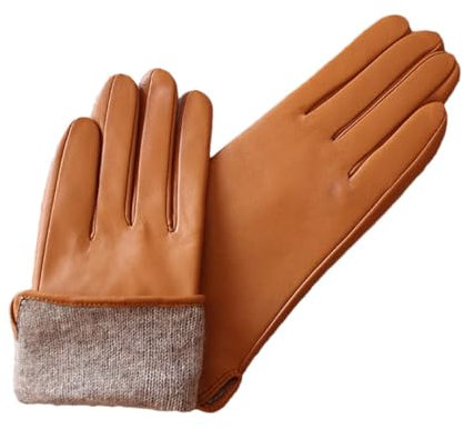 Damen Schaffell Handschuhe Leder Einfacher Stil Wollfutter Wärme Fingerhandschuhe Champagner 8, champagnerfarben, 34