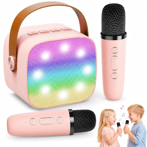 Mini Karaoke Machine for Kids, Bluetooth Speaker with 2 Wireless Mics | Portable MP3 Player with LED Lights, Fun for Home Karaoke, Birthday, Family Party and Gifts for Girls Boys Age 3-12+(Pink)