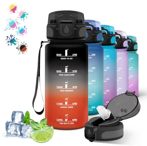 Gourde Enfant, Gourde 500ml, Bouteille d'eau, Facile à Nettoyer, Bouteille Graduée Anti-Fuite, Bouteille Reutilisable avec Slogan de Motivation, pour l'École, Extérieur, Camping, Noir-Rouge