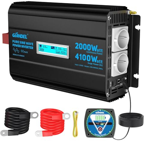 GIANDEL Inversor de Corriente 2000W Onda Sinusoidal Pura con Potencia Pico 4100W Convertidor 12V 220V 230V con Ajustable Apagado por subtensión de Entrada DC y USB-C PD 36W para Coche Caravana camión