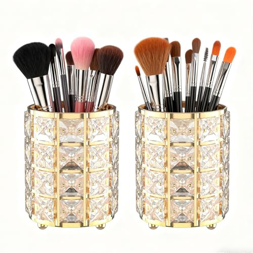 LUGUNU Makeup Brush Holder with Golden Crystal Bling – Elegant Vanity Organizer for Brushes, Pens & Pencils, Ideal for Bathroom or Office Countertop(2Pack)