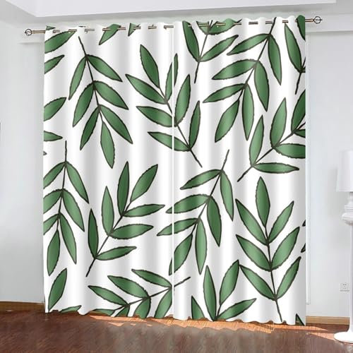 Bishilin Vorhänge Verdunkelung 2er Set 102x138CM, Gardinen Blickdicht mit Muster Grüne Blätter Verdunklungsvorhänge mit Ösen Kinderzimmer Jugendzimmer