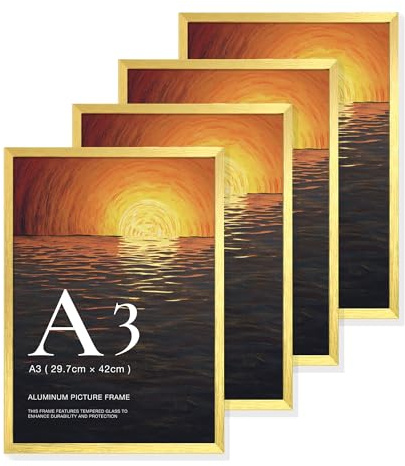 LIVINGTASTE 4 Stück Bilderrahmen A3 - Aluminium Gold Rahmen | gebürstet mit gehärtetem Glas fur 29.7x42 cm Fotos Fotorahmen für Poster und Wohnzimmer Kinderzimmer Deko Galerie