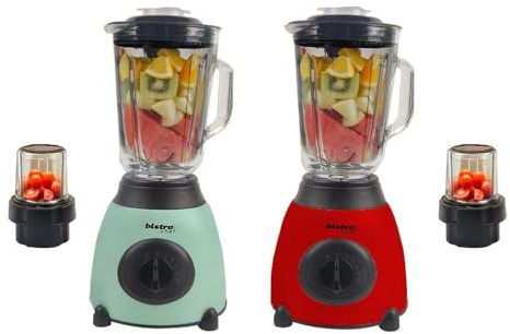 Bistro Chef 2-in-1 Nuts Ice Crushing Mixer Blender 850W, Professional Handheld Kitchen Blender 1.5L for Smoothie Maker, Fruit Juice, Shake, Made from Glass & Stainless Steel (Red & Green, Pack of 2)