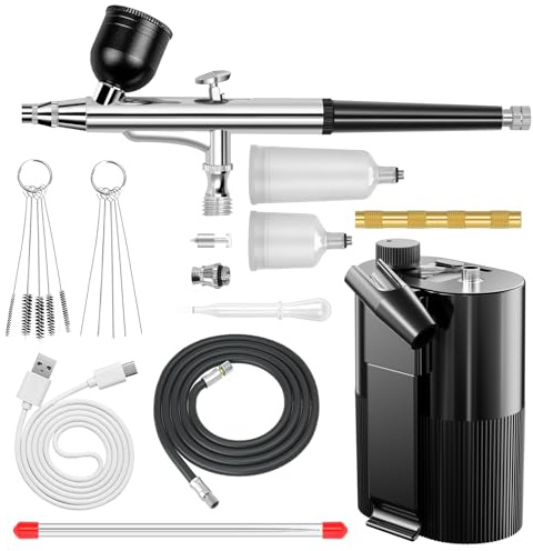 Crpen Kit aerografo con compressore 50 psi, set di aerografo ad alta pressione, pistola ad aerografo senza fili, ricaricabile, kit per pittura, nail art, barbiere, trucco, decorazione torte (nero)