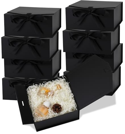 OEMVALATY 8 x Geschenkboxen, 30,5 x 20,3 x 11,4 cm, magnetische Geschenkboxen mit Deckel für Geschenke, schwarz mit Band, Brautjungfernantragsbox für Hochzeit, Aufbewahrung, Geburtstag