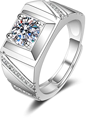 Lirzxin 585 Gold Ring Herren 14 Karat, Freundschaftsringe Herren Verstellbar Breit Siegelring mit Rund Erstellter Diamant Verlobungsringe Trauringe Weißgold Gr. 54 (17.2)
