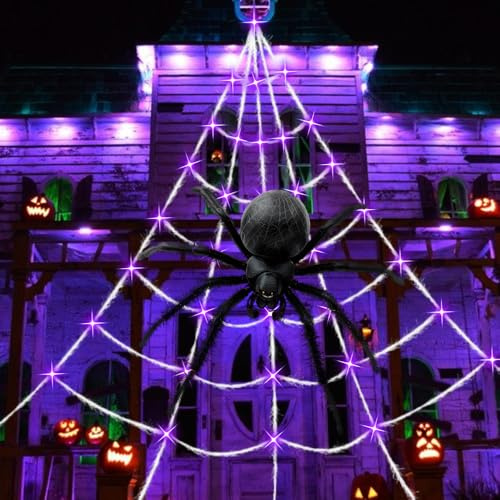 Telaraña de Halloween de 16.4 pies, red de araña triangular enorme, decoraciones de Halloween al aire libre con 100 luces LED moradas para interiores y exteriores, porche y patio, fiestas de casa