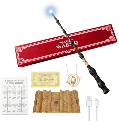 FGJCJ Elderstab, Dumbledore Zauberstab mit Licht, Wiederaufladbar Magic Wand mit Zauberspruch Karte, Landkarte, Halskette, Stationsticket, Leuchtend Wizarding World Zauberstäbe Geschenkbox