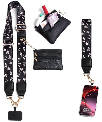 FOSDICK Phone Strap with Zippered Pouch, Phone Lanyard Crossbody with Coin Purse, Bow Motif Mobile Lanyard with Wallet, Clip and Go phone Strap for Most Smartphone, with Phones Tether Tab, Black