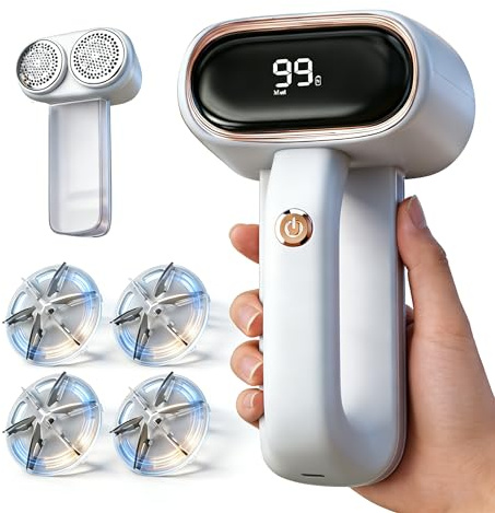 Fabric Shaver Lint Removers Rechargeable Sweater Shaver with Dual Head & LCD Display for Clothes Couch Pilling Furniture, 6-Leaf Blades Defuzzer, White, 1 Piece.