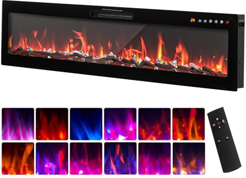 LSLIFE 42/50/60In Recessed & Wall Mounted Electric Fireplace Electric Fire | 750W/1500W; Touch Screen & Remote Control; 12 Flame Colors Crystal Log Set; Adjustable Flame Color and Speed