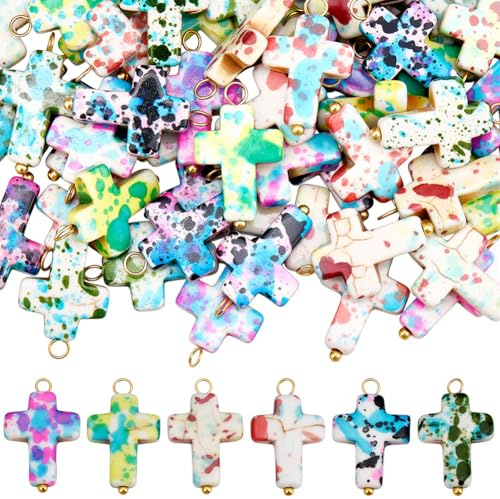 SUNNYCLUE 1 Caja de 60 Colgantes de Cruz Turquesa de 6 Colores, Piedras Preciosas, Crucifijo Sintético de Pascua, Anillo Dorado, Cruces, Colgantes para Hacer Joyas, Collares, Pulseras Y Manualidades.