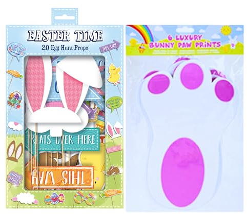 AKEDE Easter Egg Hunt Signs With Sticks - 20 Pack and 6pcs Large Bunny Footprints For Easter Garden Decoration, Party Game Supply - Easter Hunting Arrows Kit