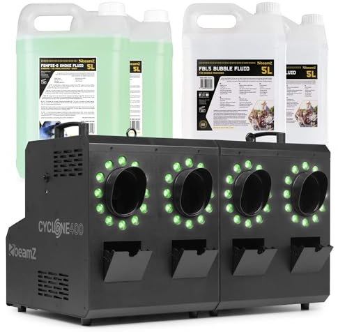 BeamZ Cyclone400 Seifenblasenmaschine mit Nebel & LED mit 20 Liter Fluid – Nebelmaschine mit 24 RGBW LEDs – Smoke Bubble Machine, DMX & Fernbedienung, Seifenblasen Maschine für Partys & Events