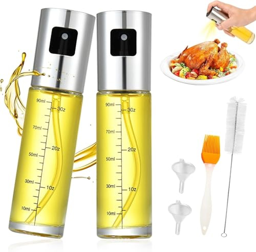 Ölsprüher für Speiseöl – Präzise Öl Sprühflasche aus Glas & Edelstahl, Feiner Sprühnebel für Kochen, Salat & Heißluftfritteuse, BPA-frei, sprühflasche öl für küche, ölspray mit Skala & Filter(2Pcs)