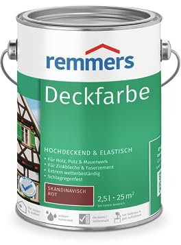 Remmers Deckfarbe skandinavisch rot, 2,5 Liter, Deckfarbe für innen und außen, Wetterschutzfarbe viele Untergründe, hochdeckend, wetterfest