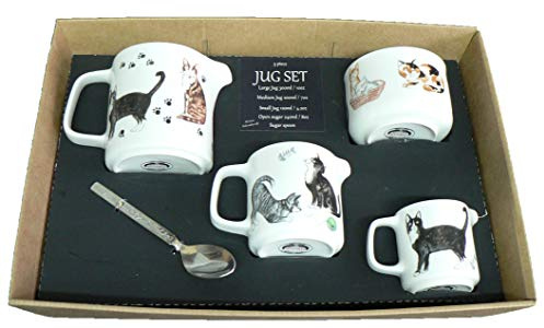 crackinchina Cats and kittens Jug Set gift boxed. Porcelain jugs and sugar decorated with cute cats and kittns all round packed into a black gift box