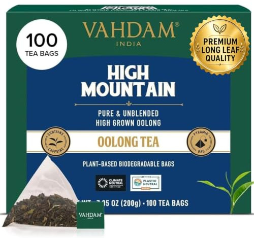 VAHDAM, High Mountain Té Oolong (100 Piramidales Bolsitas De Té) Infusión De Oolong 100% Puro, Sin Mezclar | Envasado Fresco En La India | Caliente, Frío O Como Kombucha | Sabor ligero con notas florales y afrutadas | Té Oolong cultivado de alta elevación | Sin OMG | Bolsa resellable con cierre