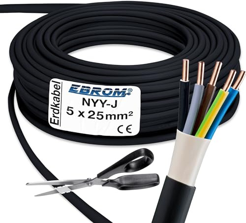 EBROM - 50 Meter Erdkabel NYY-J 5x25 mm² Starkstromkabel Erdleitung schwarz | Elektrokabel zur Verlegung im freien oder im Erdreich - VDE 0276, Teil 603, Nennspannung: 600/1000V, 5x25 mm2